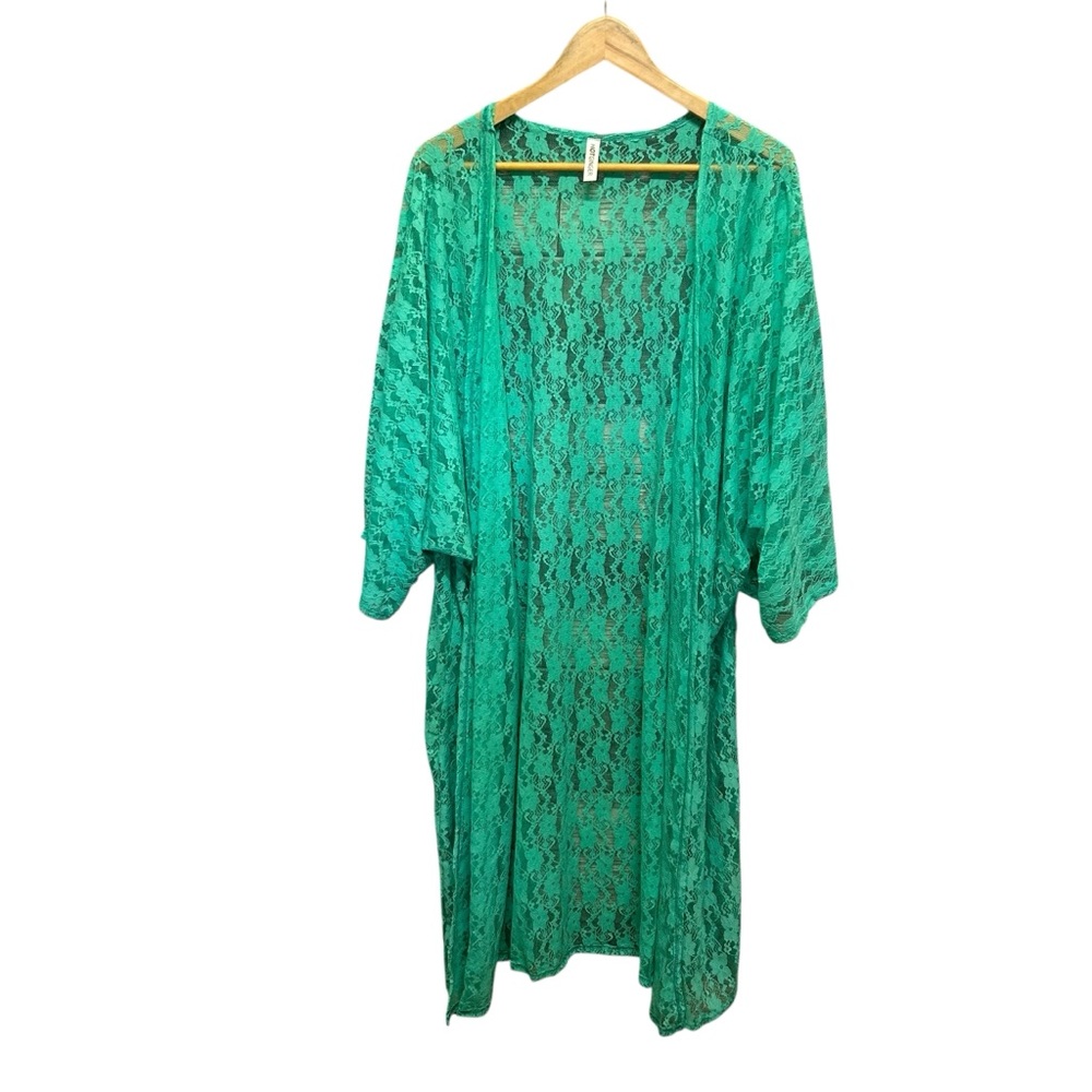 Hot Ginger Long Line Green Lace Kimono Cardigan Size 4X